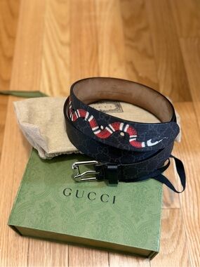 Gucci Men’s Black GG Canvas Belt with Red & White Snake Motif